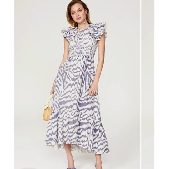 SAYLOR Pilar Smocked Midi Dress Medium Zebra Blue White Print - Picture 2 of 15